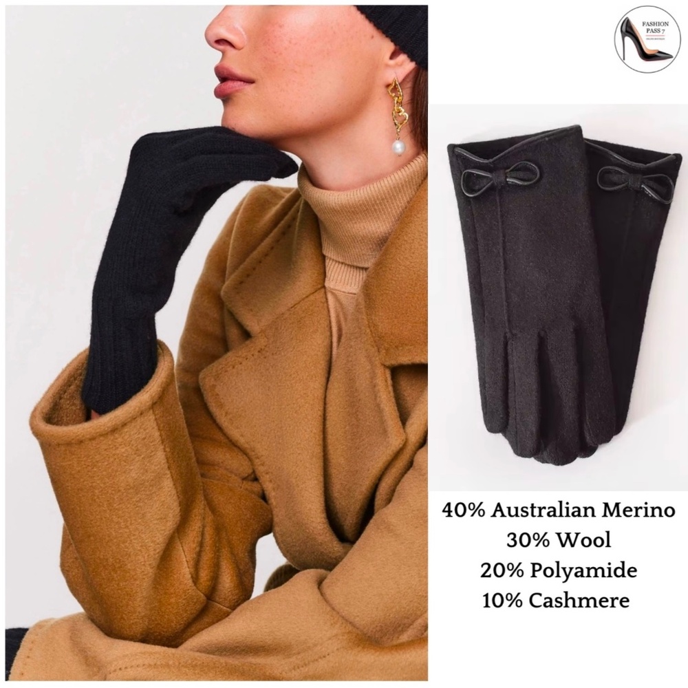 Luxury Cashmere Merino Wool Gloves Classic Black Driving Winter Warm Cozy Gloves